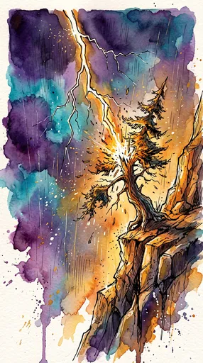 Watercolor Lightning Striking Cliffside Pine Tree