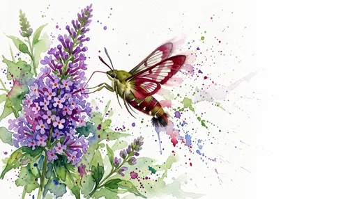 Watercolor Hummingbird Moth and Purple Flowers