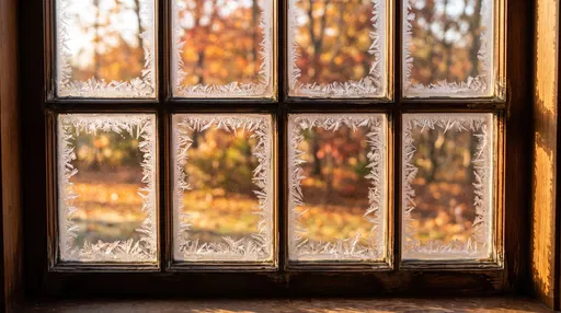 Frosted Wooden Window Overlooking Autumn Forest
