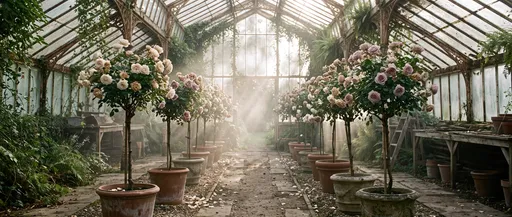 Antique Glasshouse Lined With Potted Tree Roses