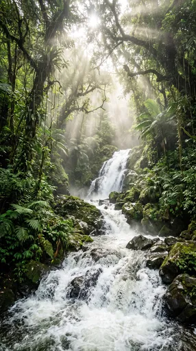 Sunlit Tropical Rainforest Waterfall and Rapids