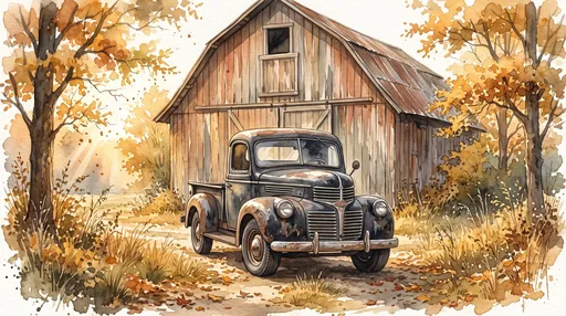 Watercolor Vintage Black Truck by Barn