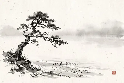 Sumi-e Ink Coastal Pine Tree