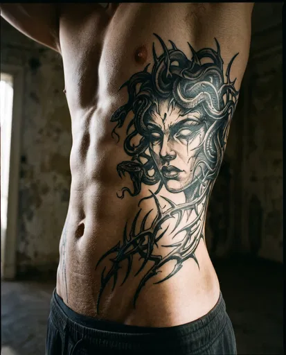 Athletic Torso With Blackwork Medusa Tattoo