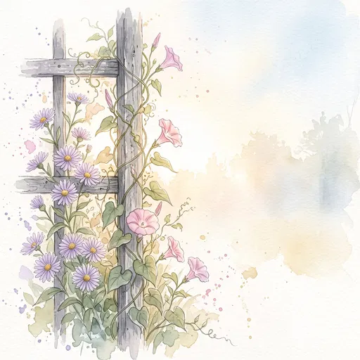 Watercolor Asters and Morning Glories on Trellis