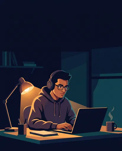Student Studying Late on Laptop