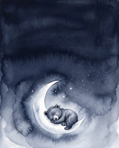 Watercolor Sleeping Bear on Crescent Moon