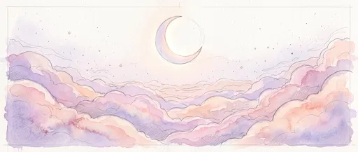 Pastel Watercolor Crescent Moon and Clouds