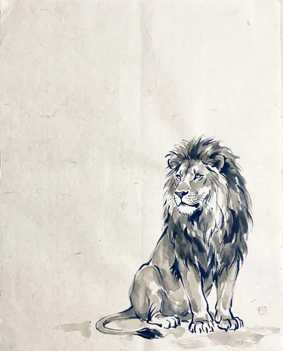 Sumi-e Ink Drawing of Sitting Lion