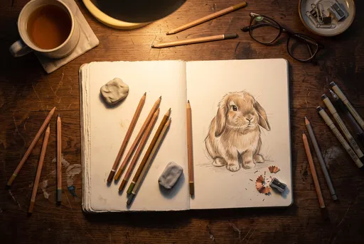 Rabbit Sketch on Cozy Wooden Art Desk