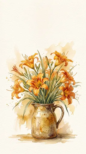 Watercolor Orange Daylilies in Stoneware Pitcher