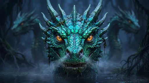 Emerald Hydra Head in Misty Swamp
