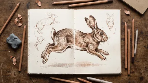 Open Sketchbook With Bounding Rabbit Drawing