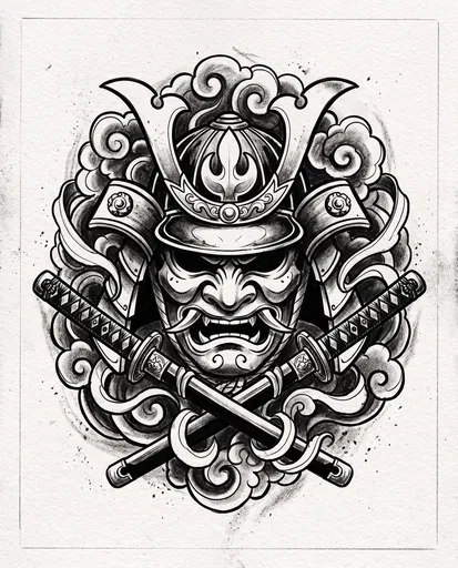 Black Ink Samurai Mask And Crossed Swords
