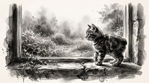 Monochrome Illustration of Manx Kitten on Windowsill