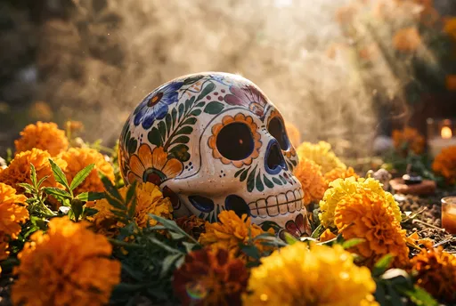 Painted Ceramic Calavera Skull Among Orange Marigolds