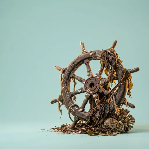 Weathered Ship Wheel With Kelp and Coral