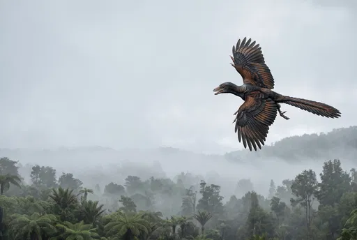 Archaeopteryx Flying Over Misty Forest