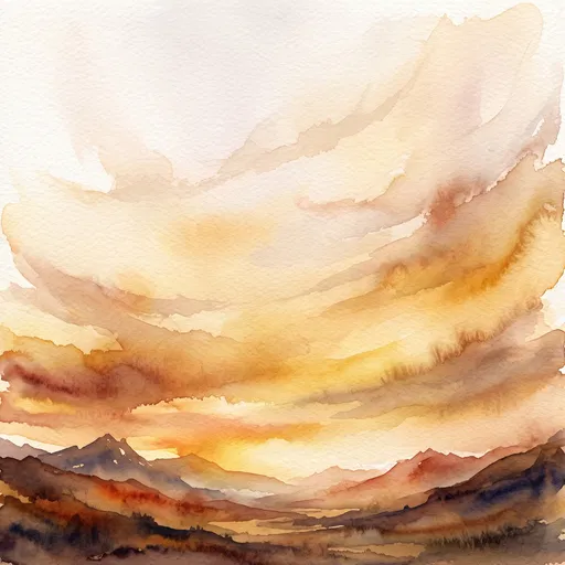 Warm Sunset Watercolor Mountain Valley Landscape