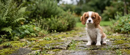 Cavalier Spaniel Puppy on Mossy Garden Path