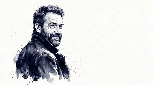 Indigo Watercolor Portrait of Smirking Bearded Man