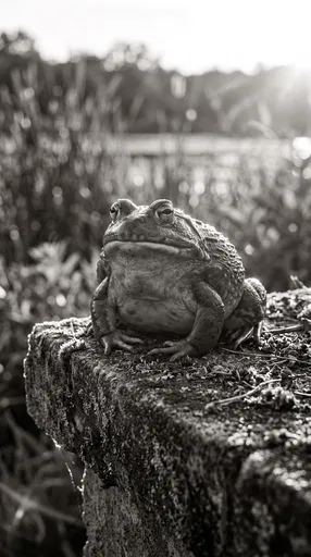 Grumpy Bullfrog on Mossy Stone Ledge