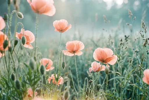 Peach Poppies in Misty Summer Meadow