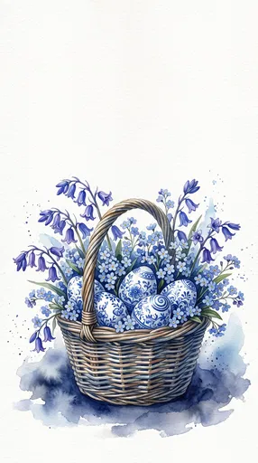 Watercolor Basket with Blue Easter Eggs