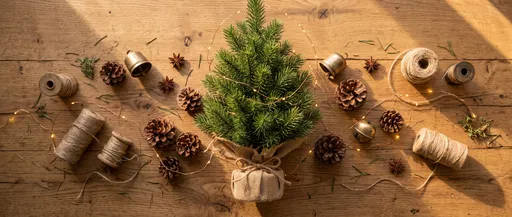 Miniature Christmas Tree Rustic Flat Lay