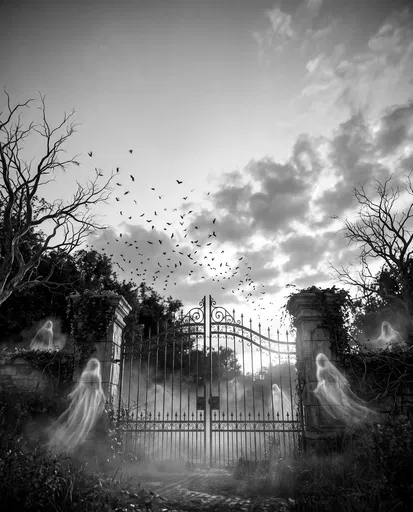 Monochrome Haunted Gate With Ghosts and Bats