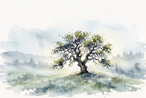 Watercolor Oak Tree on Misty Hillside