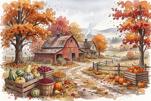 Watercolor Autumn Farmstead and Harvest