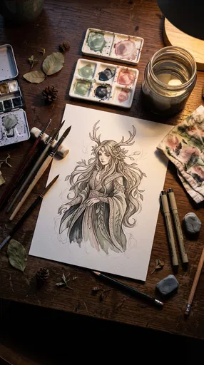 Watercolor Forest Witch Illustration on Desk