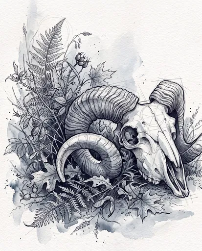 Ram Skull and Botanical Ink Sketch