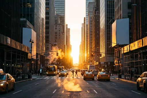 Golden Sunset Between Manhattan Skyscrapers With Taxis