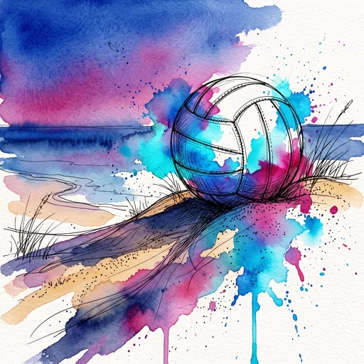 Watercolor and Ink Beach Volleyball Illustration