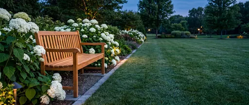 Teak Bench Among Hydrangeas at Twilight