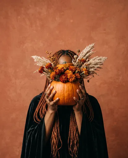 Woman Holding Floral Pumpkin Portrait