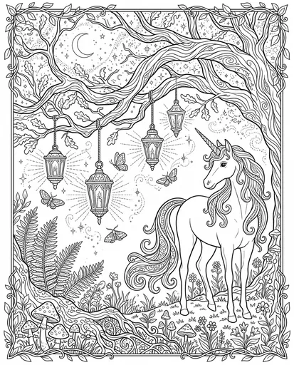 Unicorn Under Lantern Tree Coloring Page
