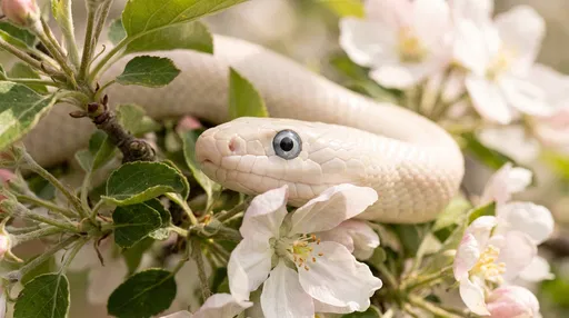 White Leucistic Snake in Spring Blossoms