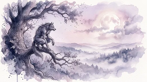 Watercolor Werewolf Perched on Oak Branch