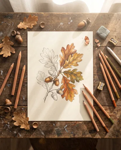 Autumn Oak Leaves Colored Pencil Sketch