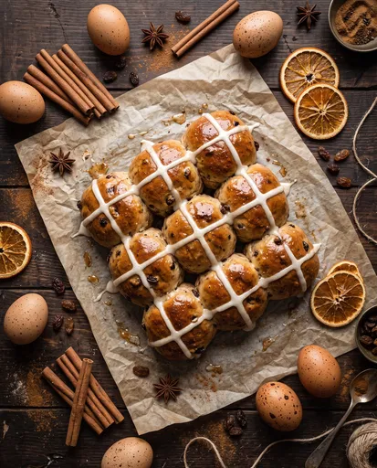 Flat Lay of Fresh Hot Cross Buns