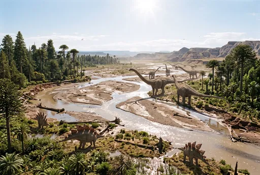 Prehistoric Jurassic Floodplain With Dinosaurs