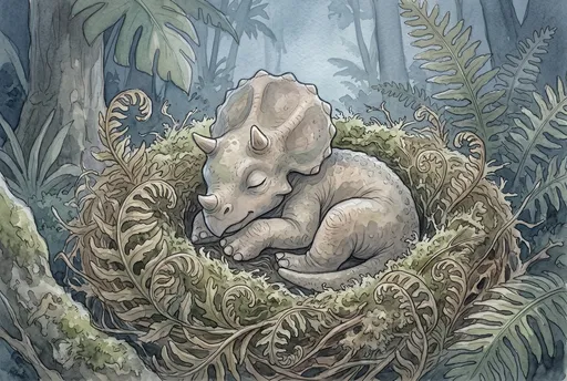 Sleeping Baby Triceratops in Fern Nest