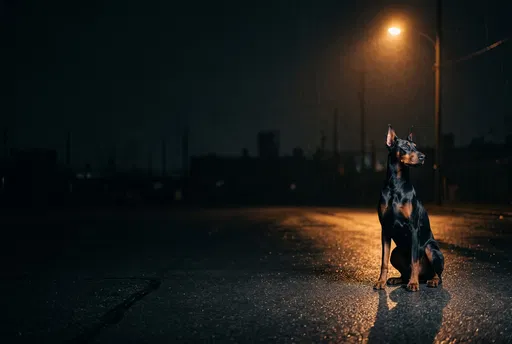 Doberman Sitting Under Streetlamp at Night
