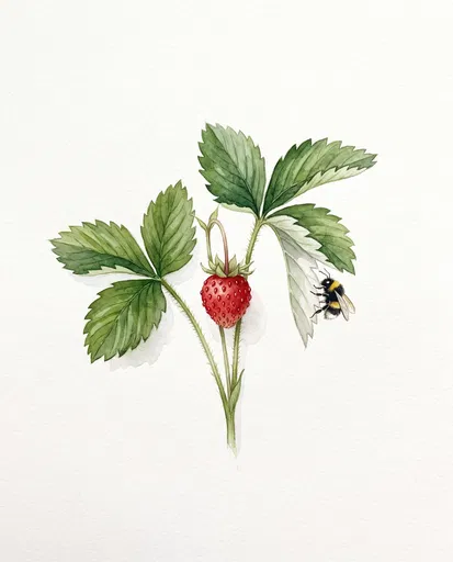 Watercolor Wild Strawberry and Bumblebee
