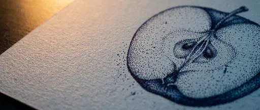 Blue Ink Stippling Drawing of Halved Apple