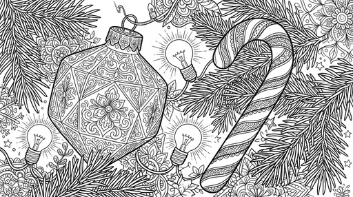 Intricate Christmas Ornament and Candy Cane Coloring Page