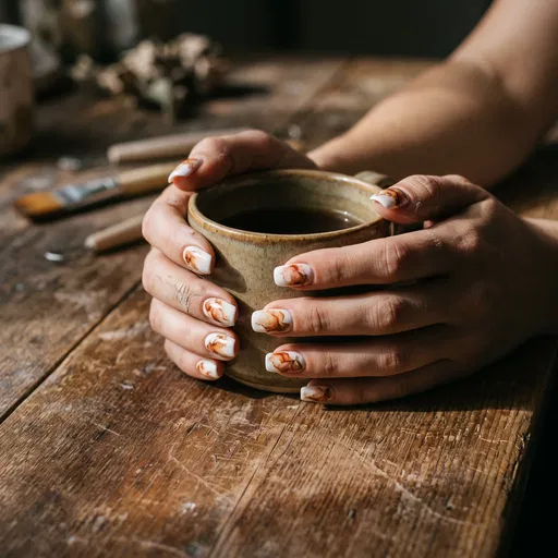 Hands With Marble Nail Art Holding Mug